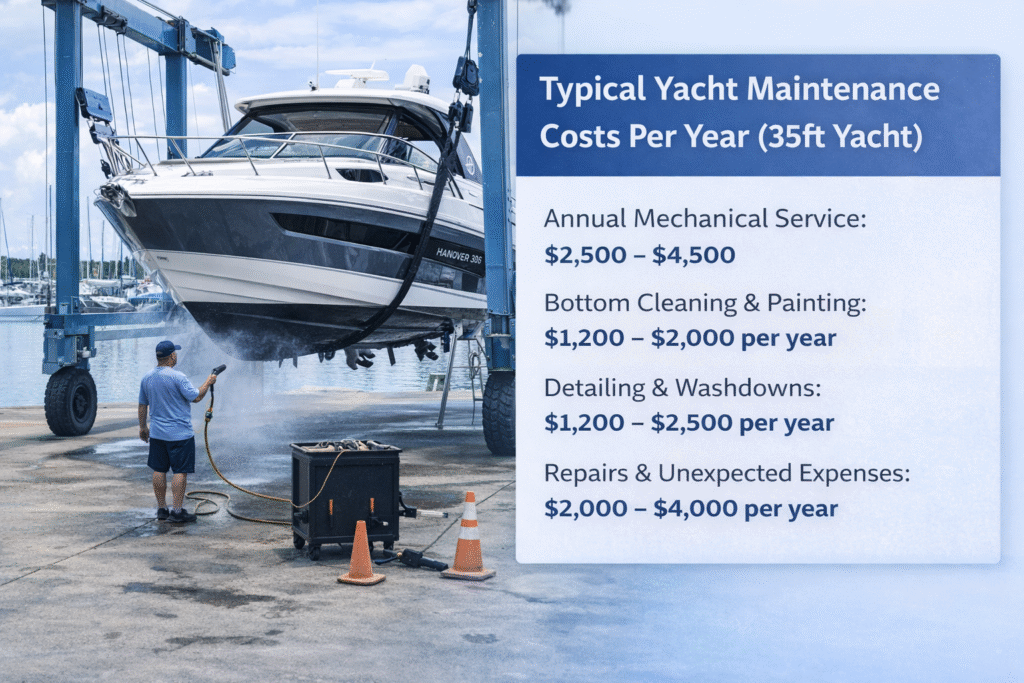 Hanover 305 yacht lifted at a South Florida marina for hull cleaning and maintenance, showing typical annual yacht service and repair costs for a 35ft cruiser