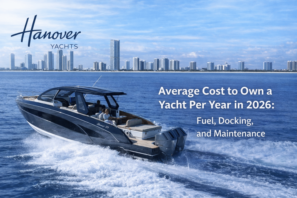 Hanover 375 cabin cruiser cruising in South Florida near the Miami skyline, showing Hanover Yachts branding and highlighting yacht ownership costs for 2026