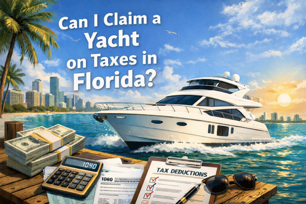 Can I claim a yacht on taxes in Florida featured image showing a white yacht on calm water with tax documents and calculator in foreground.