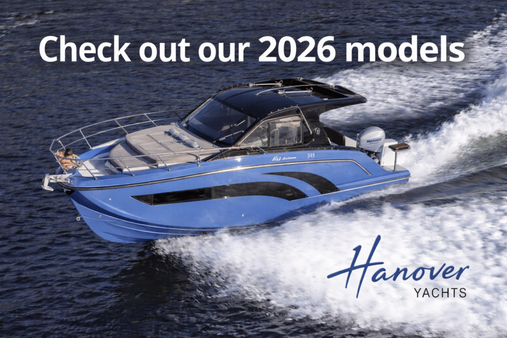 Hanover 345 yacht cruising in open water with “Check out our 2026 models” banner and Hanover Yachts logo, promoting new luxury yacht inventory in South Florida