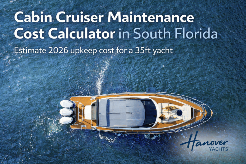 Aerial view of a Hanover cabin cruiser yacht cruising offshore with text overlay about maintenance cost calculator for a 35ft yacht
