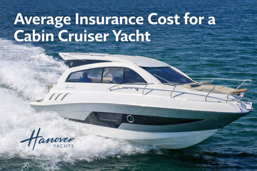 Hanover cabin cruiser yacht cruising in open water with text about average insurance cost for a cabin cruiser yacht, featuring Hanover Yachts branding and ownership cost information
